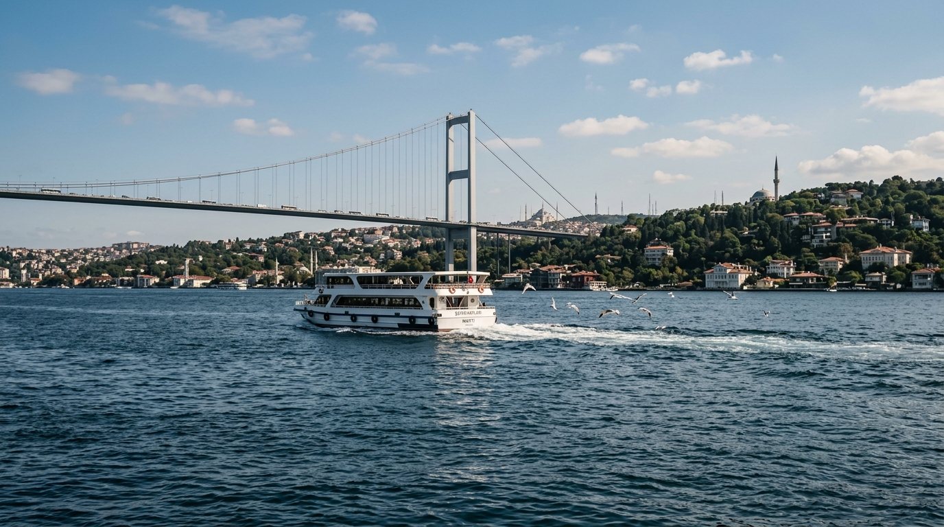 Ferry crossing the Bosphorus toward the Asian shore with the first bridge overhead