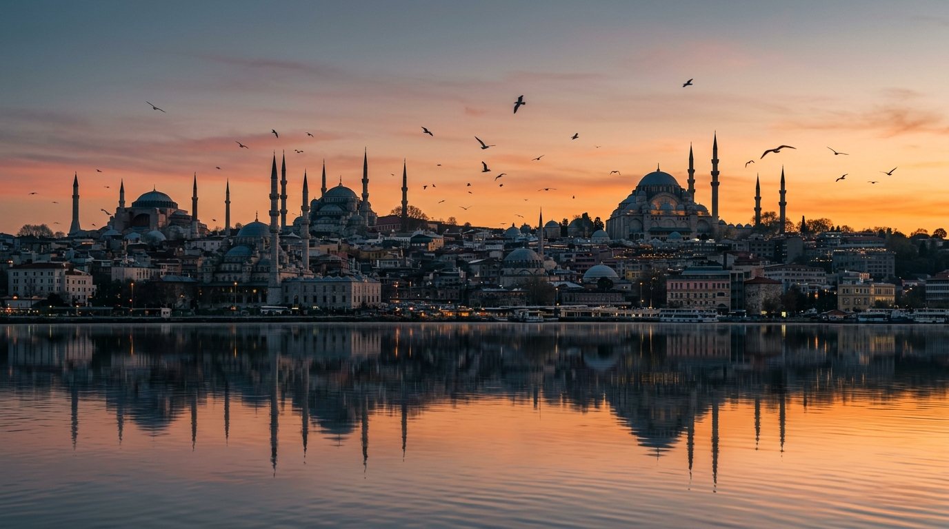 Istanbul old-city skyline at sunset with domed mosques and minarets above the Golden Horn