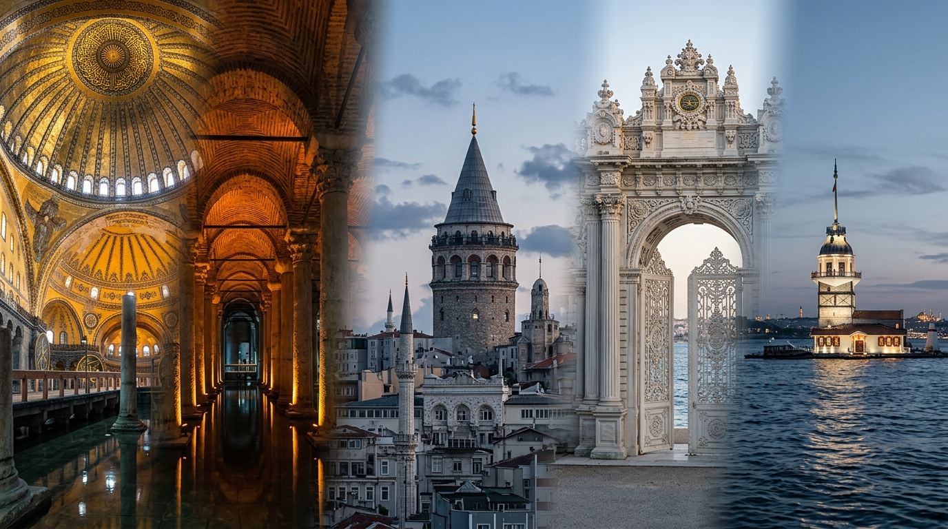 Collage of Istanbul landmark details: dome mosaics, underground columns, stone tower and palace gate