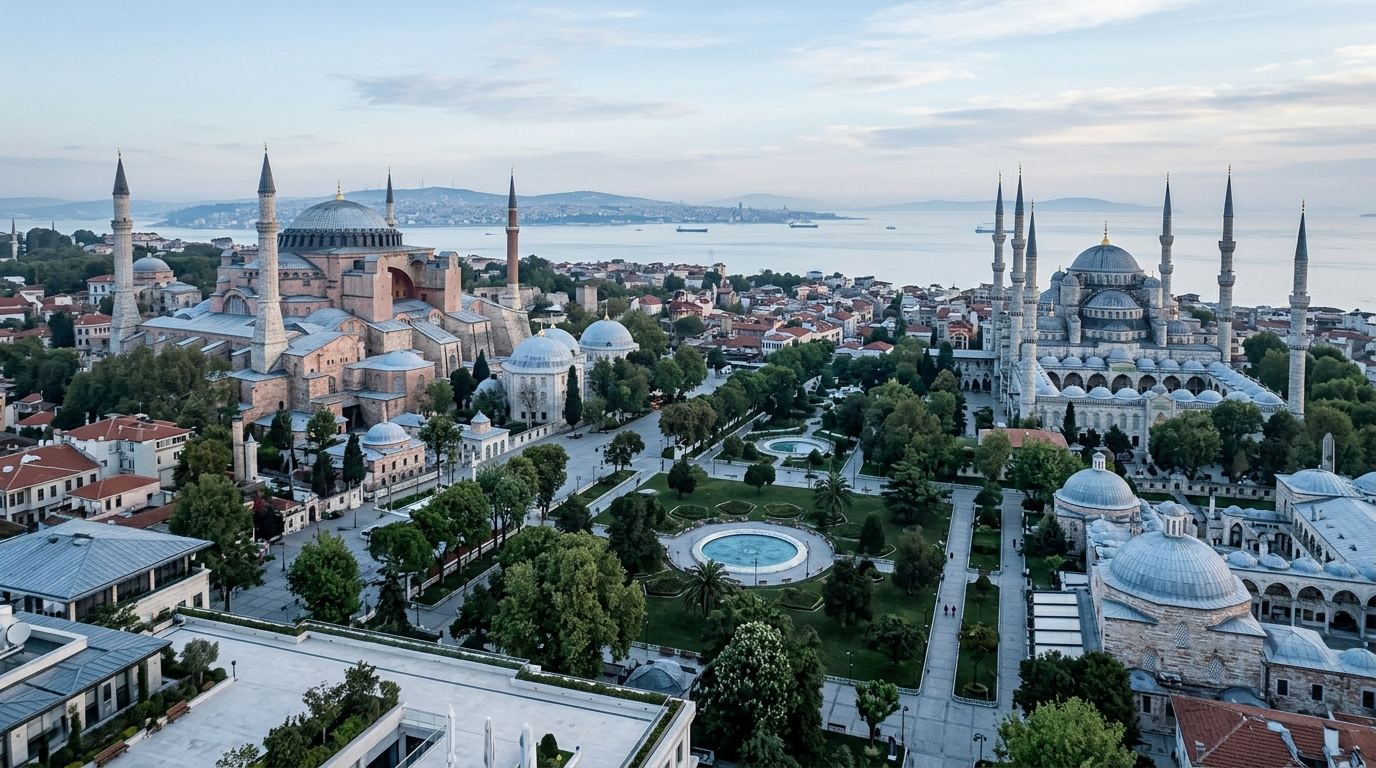 Elevated view over Sultanahmet square with its two great monuments facing each other across gardens
